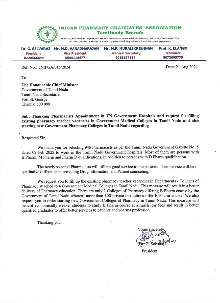 ipgatn's tweet photo. @mkstalin We thank you for selecting 946 Pharmacists as per the Tamil Nadu Government Gazette No. 5 dated 02 Feb 2022 to work in the Tamil Nadu Government hospitals. Most of them are persons with  B Pharm, M Pharm and Pharm D qualifications, in addition to D Pharm qualifications. https://t.co/NvGBonwKou