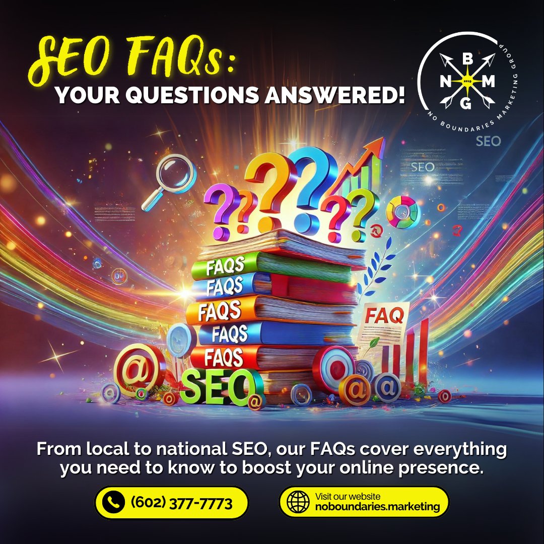 nobomarketing's tweet image. SEO FAQs: Your Questions Answered ❓🔍

Got questions about SEO? We&apos;ve got answers! From local to national SEO, our FAQs cover everything you need to know to boost your online presence. 📝✨ 

#SEOFAQs #DigitalMarketing #NoBoundariesMarketing