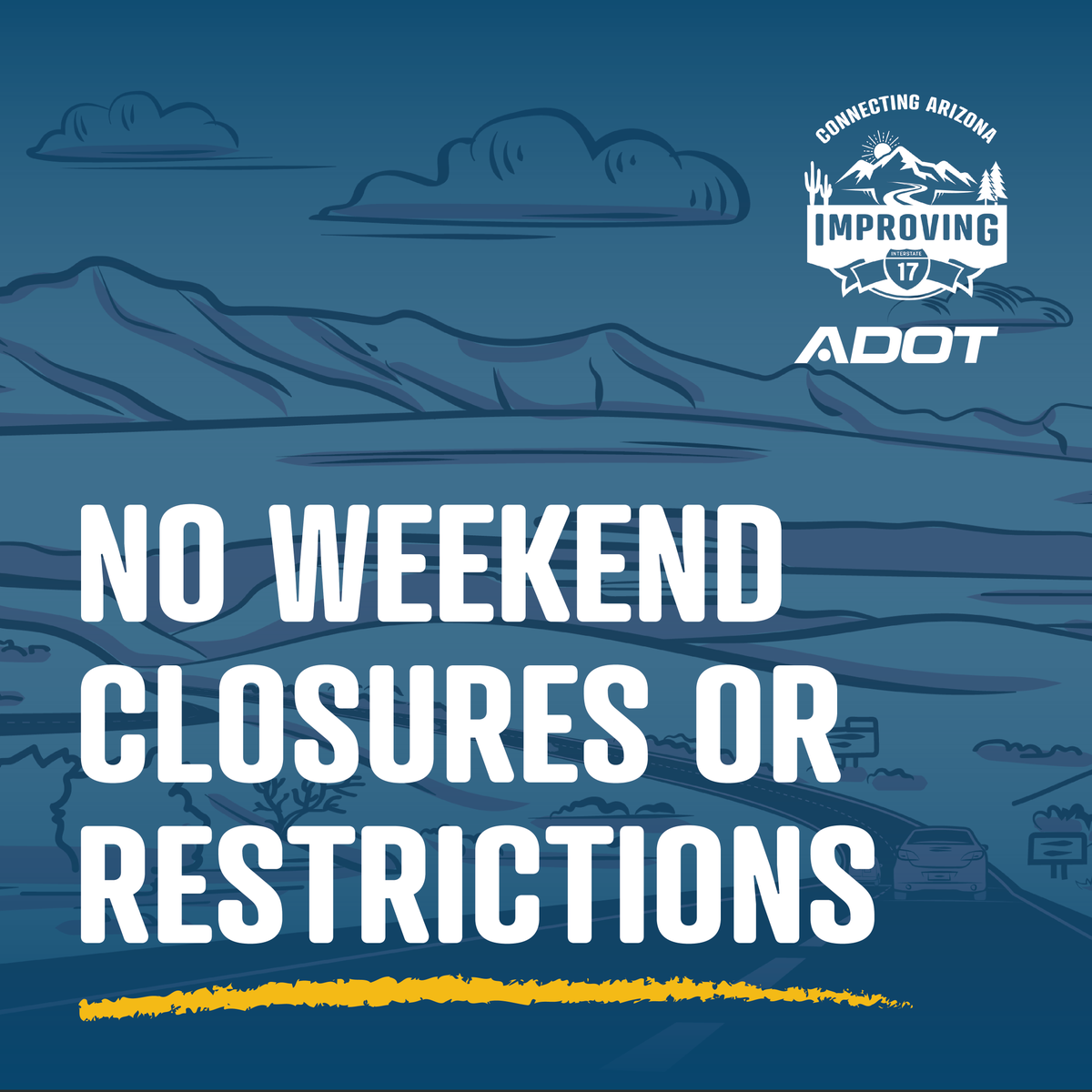 ArizonaDOT's tweet photo. Travel safely and enjoy a weekend of no scheduled closures through the I-17 Improvement Project corridor! As a reminder, there are no scheduled weekend closures as part of the I-17 Improvement Project between Anthem Way and Sunset Point. #ImprovingI17 https://t.co/KQtlxkvYTT