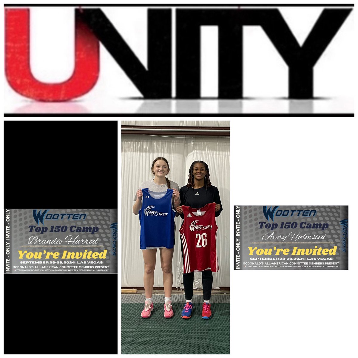 Ajhawkinsbasket's tweet photo. Avery Hjelmstad and Brandie Harrod Iβm so proud of you 4+ years of being committed to Hardwork . Congratulations on invite to Wooten camp. #Unitygirls @AveryHjelmstad @HarrodBrandie https://t.co/7kFYycCWc2