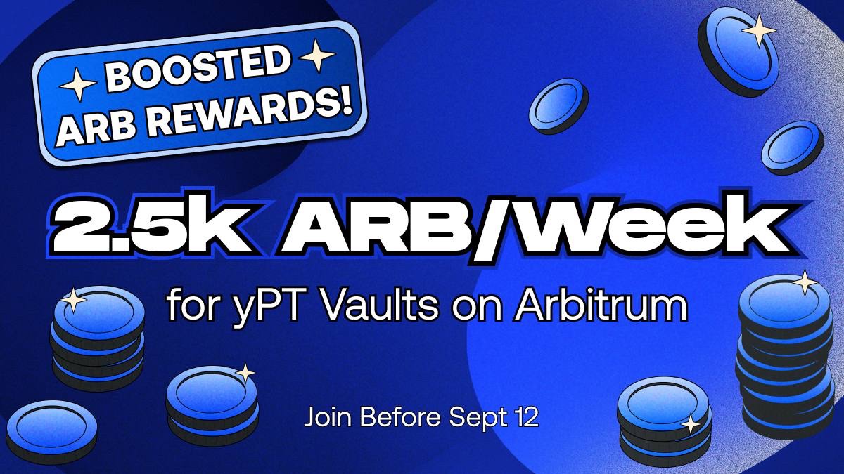 yearnfi's tweet photo. Boom 💥 @Pendle_fi is raising the bar with MASSIVE incentives on yPT vaults for Phase 4 of Pendle Arbitrum Season!

Boosted from 1500 to 2500 ARB per week:
💠 Total allocation: 30k ARB over 3 weeks 
💠 Ends: 12 Sept 00:00 UTC 
💠 Vaults available: yPT-weETH, yPT-rsETH, yPT-ezETH, yPT-USDe