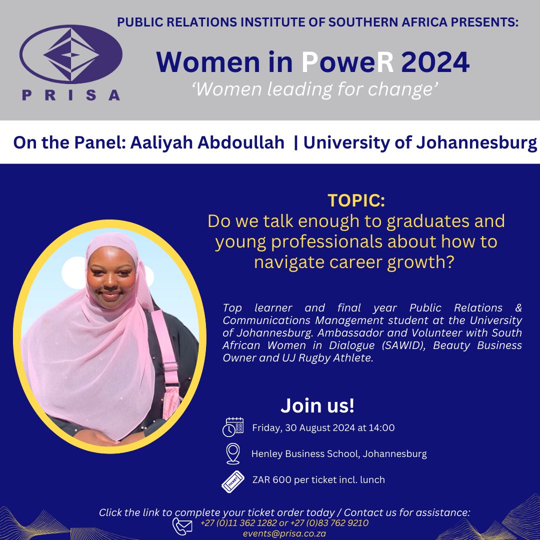 PRISA (@prisa_africa) on Twitter photo We are excited to feature Aaliyah Abdoullah a student at <a href="/go2uj/">University of Johannesburg</a> as a panelist at this year’s Women in PoweR event.
Book your ticket: forms.gle/mVMxZ8zM84obLW…
#WomenInPower #womeninpr #CareerGrowth #universityofjohannesburg We are excited to feature Aaliyah Abdoullah a student at <a href="/go2uj/">University of Johannesburg</a> as a panelist at this year’s Women in PoweR event.
Book your ticket: forms.gle/mVMxZ8zM84obLW…
#WomenInPower #womeninpr #CareerGrowth #universityofjohannesburg
