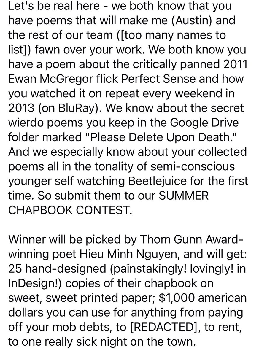 @QuarterAfterEight (@qaejournal) on Twitter photo Submit! 2nd annual chapbook contest judged by <a href="/HieuMinh/">Hieu Minh Nguyen</a>
$1000 prize and publication of your chapbook.
quarteraftereight.submittable.com/submit?fbclid=… Submit! 2nd annual chapbook contest judged by <a href="/HieuMinh/">Hieu Minh Nguyen</a>
$1000 prize and publication of your chapbook.
quarteraftereight.submittable.com/submit?fbclid=…