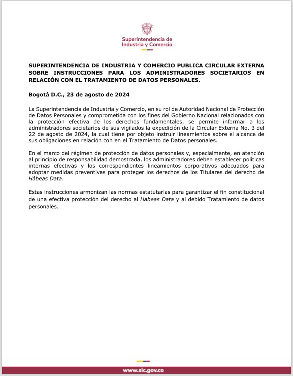 sicsuper's tweet photo. 🚨#Atención | La SIC emitió la Circular Externa No. 3 del 22 de agosto de 2024, la cual da lineamientos e instrucciones a los administradores societarios para el correcto tratamiento de datos personales. 

Más detalles aquí⬇️ https://t.co/WShp6hTkia