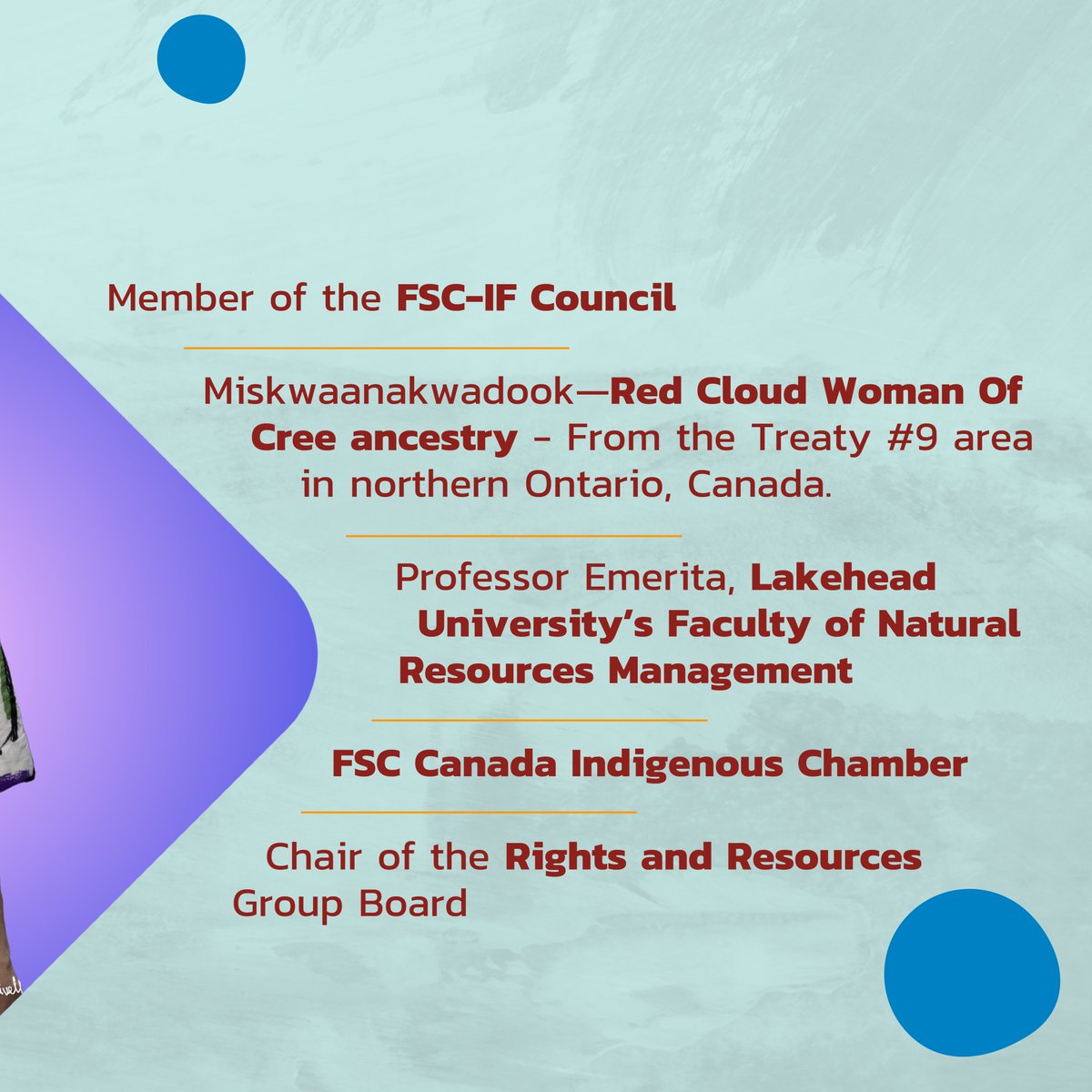 Meet Peggy Smith, FSC-IF council member. Merging Western science with ancestral wisdom, she champions Indigenous rights, focusing on FPIC principles and Cultural Landscapes within FSC. 
Explore her profile in the images!