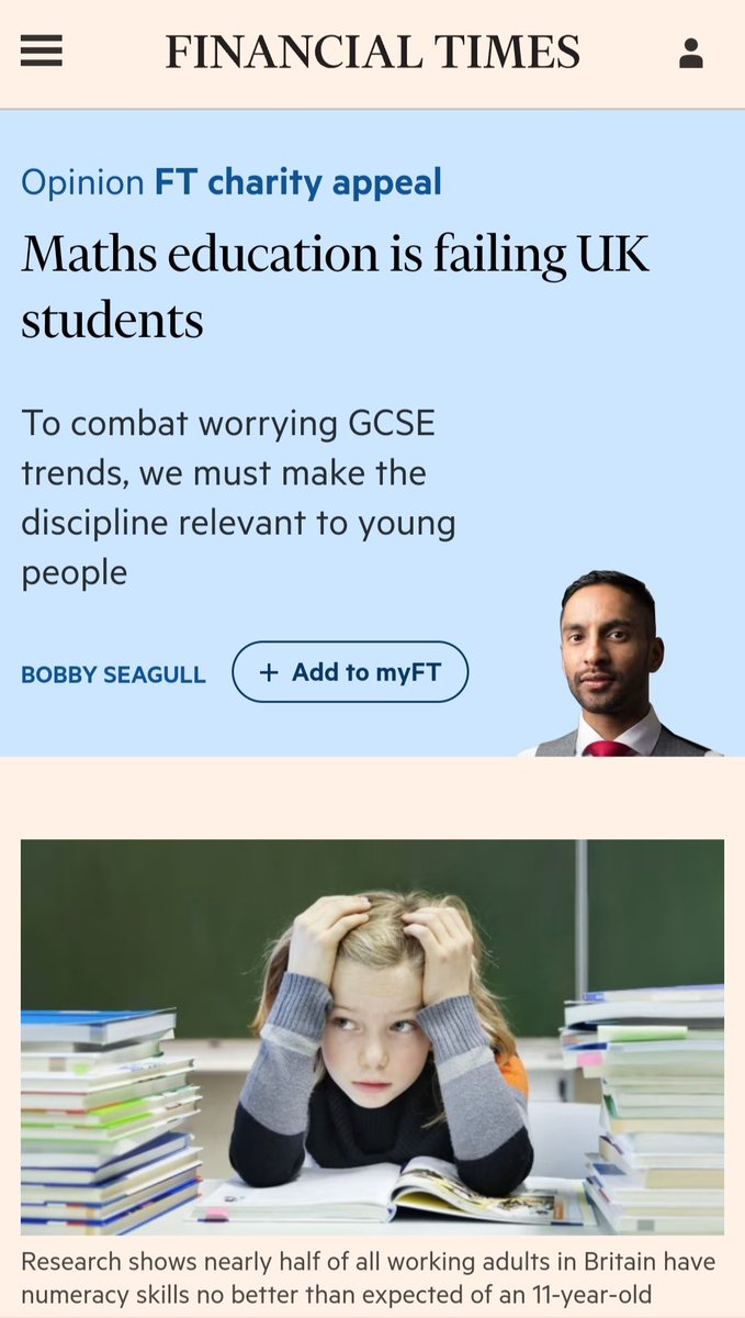 Bobby Seagull (@bobby_seagull) on Twitter photo Can you work out £9 increased by 5%?
Only half of UK adults can do this (even with a calculator) per charity <a href="/Nat_Numeracy/">National Numeracy</a>.
After yesterday's worrying Maths GCSE results, I share thoughts on the state of UK maths education for <a href="/FinancialTimes/">Financial Times</a>
Read 🔗 ft.com/content/c2c0f3… Can you work out £9 increased by 5%?
Only half of UK adults can do this (even with a calculator) per charity <a href="/Nat_Numeracy/">National Numeracy</a>.
After yesterday's worrying Maths GCSE results, I share thoughts on the state of UK maths education for <a href="/FinancialTimes/">Financial Times</a>
Read 🔗 ft.com/content/c2c0f3…