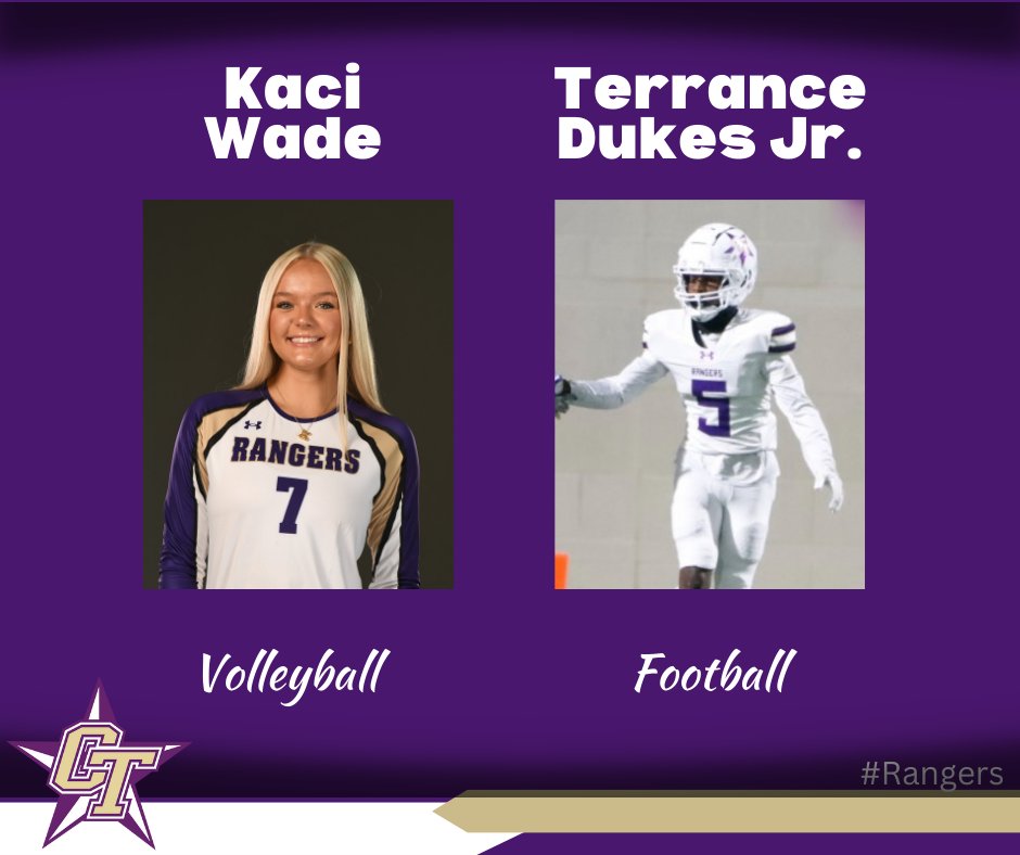 Congratulations to <a href="/cths_volleyball/">CTHS Volleyball</a> Kacie Wade and <a href="/CTHS_RangersFB/">Chisholm Trail HS Rangers Football</a> Terrance Dukes Jr. on being named this week's Athlete of the Week winners for <a href="/ChisholmTrailHS/">CTHS</a>! #EMSproud #AOW
chisholmtrailathletics.com/AOW