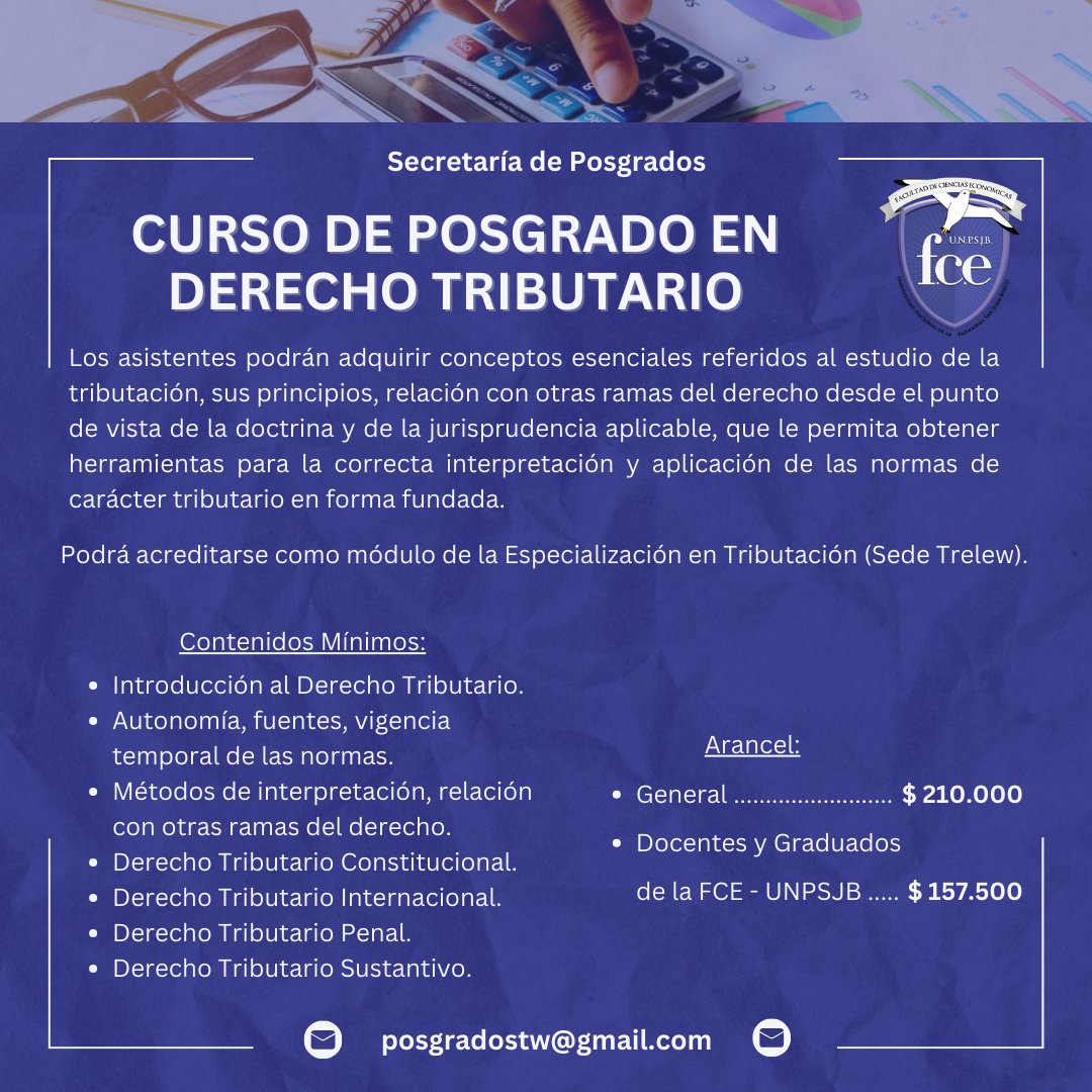 𝐂𝐔𝐑𝐒𝐎 𝐃𝐄 𝐏𝐎𝐒𝐆𝐑𝐀𝐃𝐎 𝐄𝐍 𝐃𝐄𝐑𝐄𝐂𝐇𝐎 𝐓𝐑𝐈𝐁𝐔𝐓𝐀𝐑𝐈𝐎  ¡Pre-Inscripciones abiertas! 👉 forms.gle/L27QKfmCTr6SBn…
Contacto: posgradostw@gmail.com  #posgrado #derechotributario #FCE #UNPSJB

<a href="/unpsjb_oficial/">Universidad Nacional De La Patagonia San Juan Bosc</a>