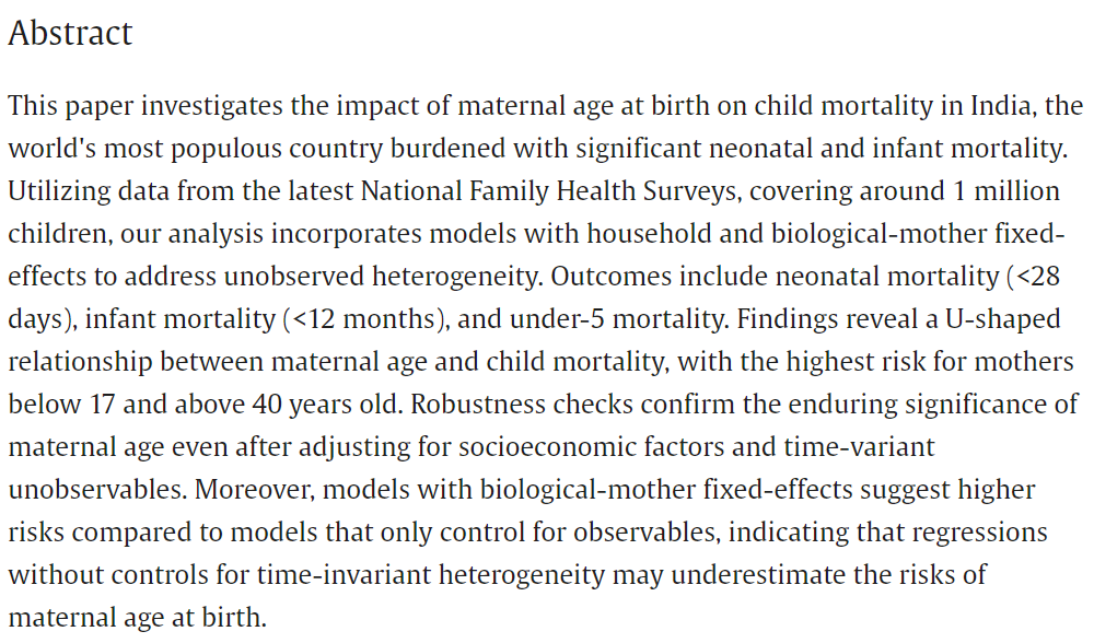 Just accepted: "Beyond the Biological Prime: Deciphering the Link Between Child Survival and Maternal Age in India", by Majid (<a href="/M_FarhanMajid/">Farhan Majid</a>), Kaur (<a href="/OpinderKaur7/">Opinder Kaur</a>), and Deolalikar (<a href="/anildeolalikar/">Anil B Deolalikar</a>). Link: doi.org/10.1016/j.ehb.…