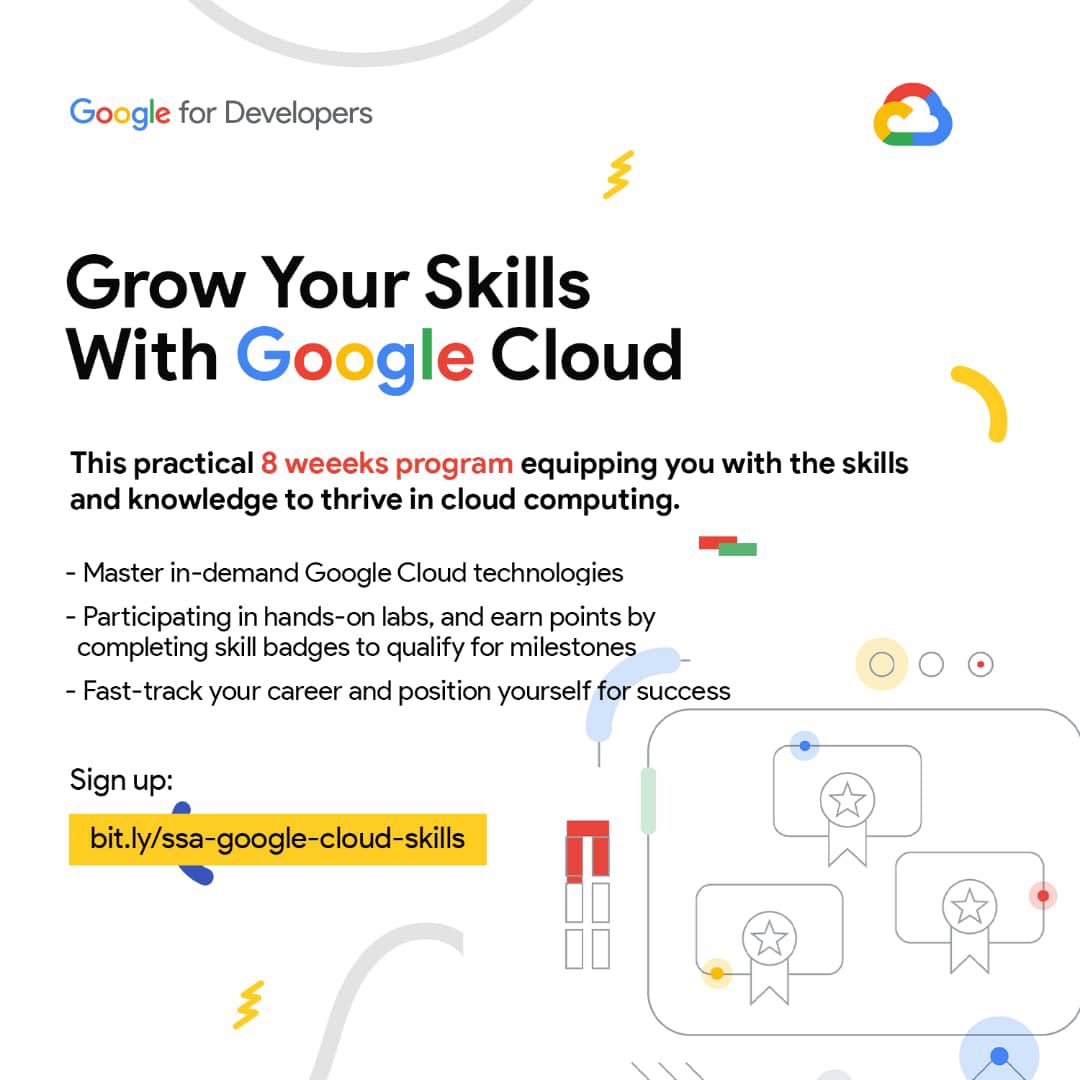 Hello #techFam !🤩

Le GDG SSA offre des badges de compétences et jeux d'arcade accessible via cloudkillsboost.google
Inscrivez-vous avant le 26 août 2024 pour participer du 29 août au 30 octobre 2024.

Lien d'inscription : rsvp.withgoogle.com/events/grow-yo…

Learn-Build-Certificate