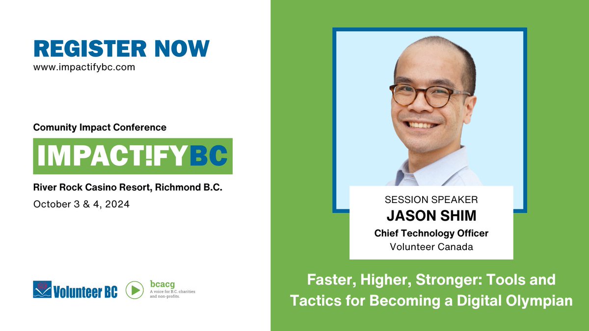 volunteerbc's tweet photo. Join @jasonshim to learn about accessible and affordable resources for organizations of all sizes. He shares tools that will help you raise higher revenues, and build stronger relationships!

Attend the session: https://t.co/RnBumndUFk #IMPACTIFYBC #IMPACTIFY #IMBC24 https://t.co/jINNPABC1j
