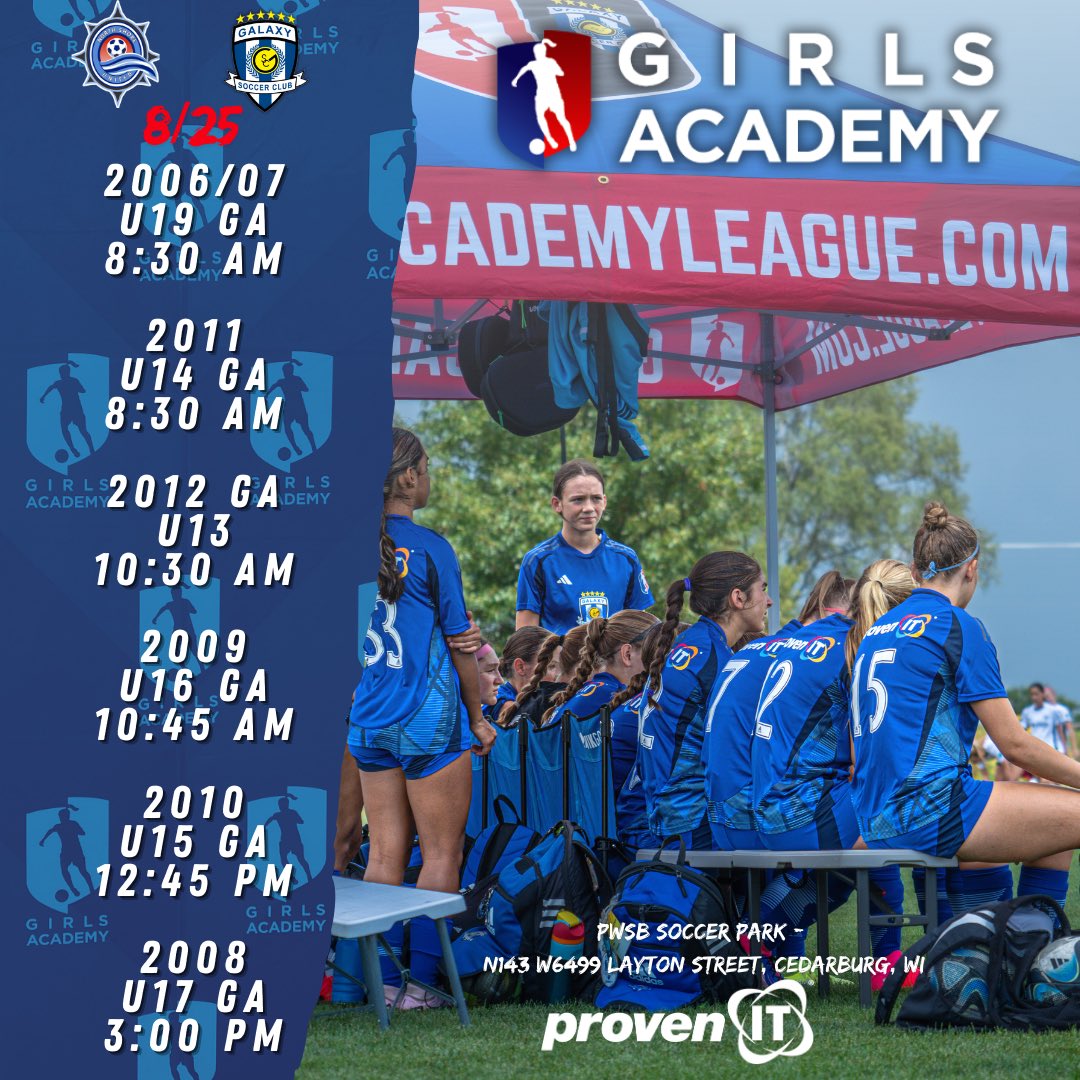 Galaxy Soccer Club (@galaxyscil) on Twitter photo GA league games start up this weekend. It is time ⏱️ to focus and put all of your training into practice. Thanks to our hosts <a href="/SCWAVEROC/">SC WAVE</a> & <a href="/NSU_Soccer/">North Shore United</a> 🫱🏻🫲🏼.
Best of luck in Wisconsin ladies‼️
#provenit #bluenation #wearegalaxy <a href="/GAcademyLeague/">Girls Academy</a> <a href="/Galaxy2010GA/">Galaxy GA 2010 Girls</a> <a href="/GalaxySC_08GA/">GalaxySC 08 GA</a> GA league games start up this weekend. It is time ⏱️ to focus and put all of your training into practice. Thanks to our hosts <a href="/SCWAVEROC/">SC WAVE</a> & <a href="/NSU_Soccer/">North Shore United</a> 🫱🏻🫲🏼.
Best of luck in Wisconsin ladies‼️
#provenit #bluenation #wearegalaxy <a href="/GAcademyLeague/">Girls Academy</a> <a href="/Galaxy2010GA/">Galaxy GA 2010 Girls</a> <a href="/GalaxySC_08GA/">GalaxySC 08 GA</a>