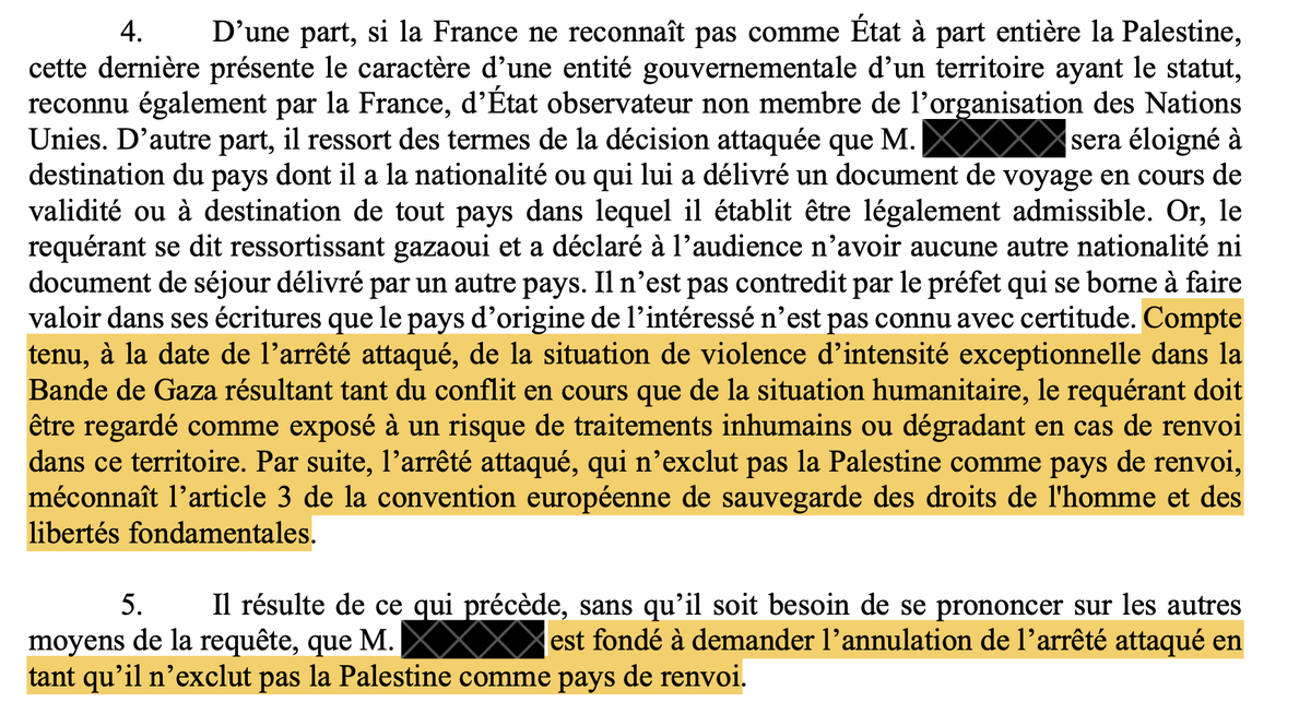 DjemaounSamy's tweet photo. ‼️Le cabinet obtient l'annulation de l'expulsion d'un gazaoui vers la Palestine👇🏼!

On pourrait se croire dans un cauchemar, mais c'est bien une réalité française.

La préfecture avait sollicité « le consul de Palestine » pour obtenir un laissez-passer consulaire afin de pouvoir éloigner rapidement mon client vers la Palestine.

Le tribunal administratif de Montreuil a retenu ce jour « la situation de violence d’intensité exceptionnelle dans la Bande de Gaza résultant tant du conflit en cours que de la situation humanitaire », exposant mon client « à un risque de traitements inhumains ou dégradants en cas de renvoi dans ce territoire ».

Lien vers l'article : https://t.co/N1WnBJMZH8