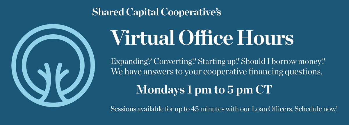 Shared Capital Co-op (@shared_capital) on Twitter photo #AskUsAnything
Curious about what financing for a co-op looks like? Need support for an expansion/conversion/start up? Sign up for a free conversation about your finance needs with no expectations.
(Free) Virtual Office Hours - Mondays from 1-5 pm CT
calendly.com/d/ds2-bnf-ytv/… #AskUsAnything
Curious about what financing for a co-op looks like? Need support for an expansion/conversion/start up? Sign up for a free conversation about your finance needs with no expectations.
(Free) Virtual Office Hours - Mondays from 1-5 pm CT
calendly.com/d/ds2-bnf-ytv/…