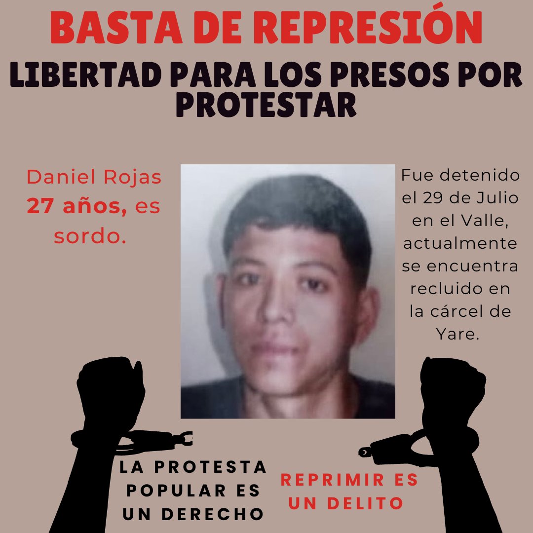 MilitanteVida's tweet photo. LIBERTAD PARA DANIEL ROJAS

¡La protesta popular es un derecho, reprimir es un delito!

¡Basta de represión!

¡Libertad para los presos por protestar!
#LibertadParaLxsPresxsXProtestar https://t.co/SXXhUNwDa2
