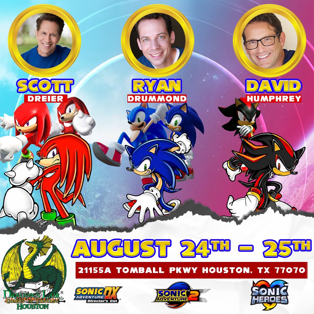 TheScottDreier's tweet photo. Hey Houston! Here we come this weekend! SO excited to be a part of Laircon24 at @DLairHouston and 2 B there with my dear friends @RYANtheDRUMMOND &amp; @HumphreyReal! Hope to see you soon! 😀☀️❤️

#SonicTheHedgehog #KnucklesTheEchidna #ShadowTheHedgehog #SonicAdventure2 #SonicReunion https://t.co/asxK2GaDSb