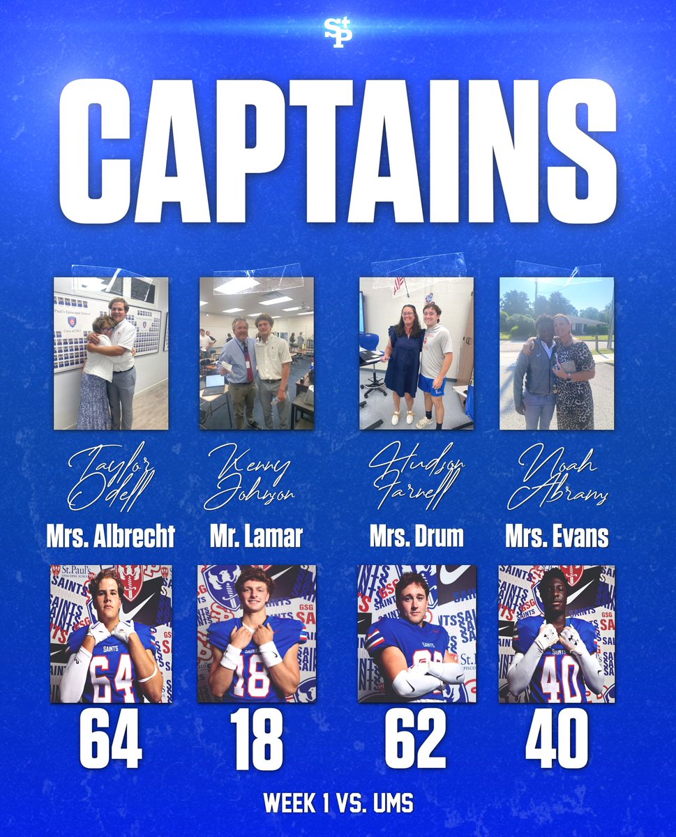 Captains tonight vs. UMS

Our captains each week will select a teacher who had the biggest impact on their life throughout their time at St. Paul’s. This teacher will represent them for that week’s game as an honorary captain.