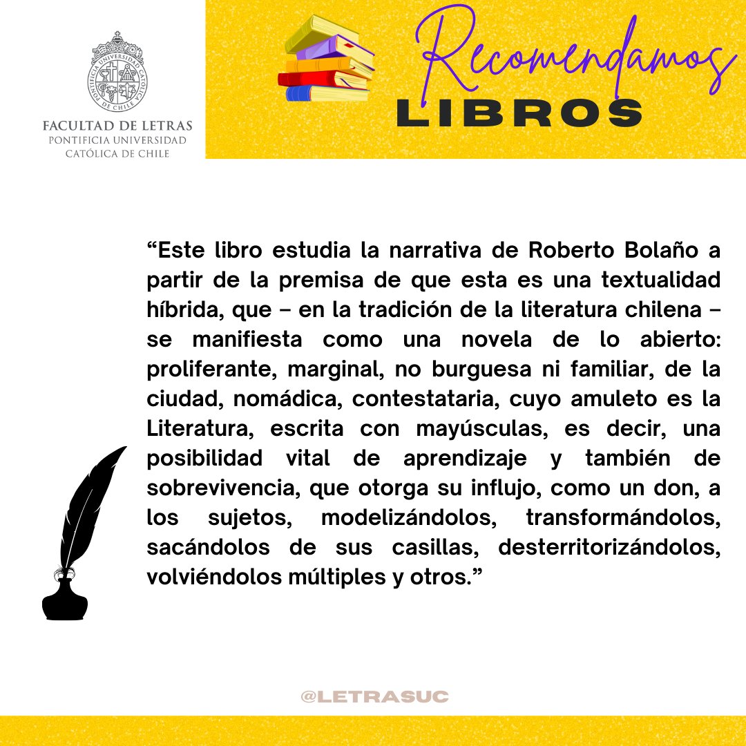 Hoy recomendamos "Bolaño Constelaciones, Literatura, sujetos, territorios" de Macarena Areco, profesora y vicedecana de <a href="/letrasuc/">Facultad de Letras UC</a>. Un nuevo acercamiento a la obra de Roberto Bolaño, explorando novelas como Los detectives salvajes, 2666 y El espíritu de la ciencia ficción. 📚✨