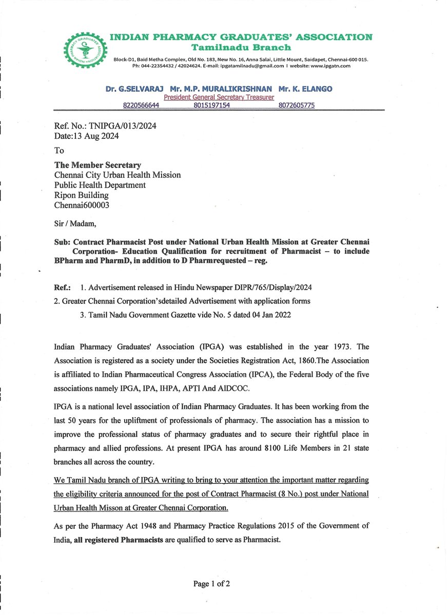 ipgatn's tweet photo. @kgbias @chennaicorp  Contract Pharmacist Post under National Urban Health Mission at Greater Chennai Corporation- Education Qualification for recruitment of Pharmacist – to include B Pharm and PharmD, in addition to D Pharm requested https://t.co/90BZuD1qF5