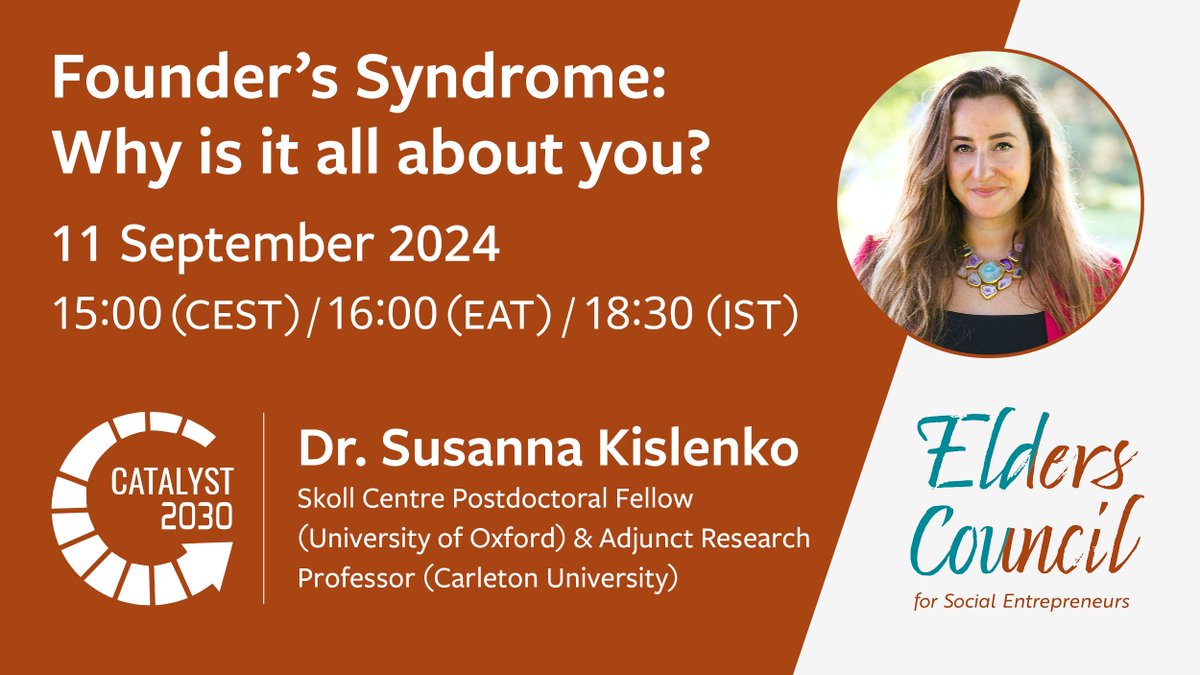 #Founder's Syndrome - we need to face it to avoid it. Dr. Susanna Kislenko (<a href="/SkollCentre/">Skoll Centre for Social Entrepreneurship</a> Postdoctoral Fellow,  University of Oxford) will share her groundbreaking research at our webinar on 11 Sept.  Register: us06web.zoom.us/meeting/regist…

#SocialEntrepreneur #SocialImpact #Eldership