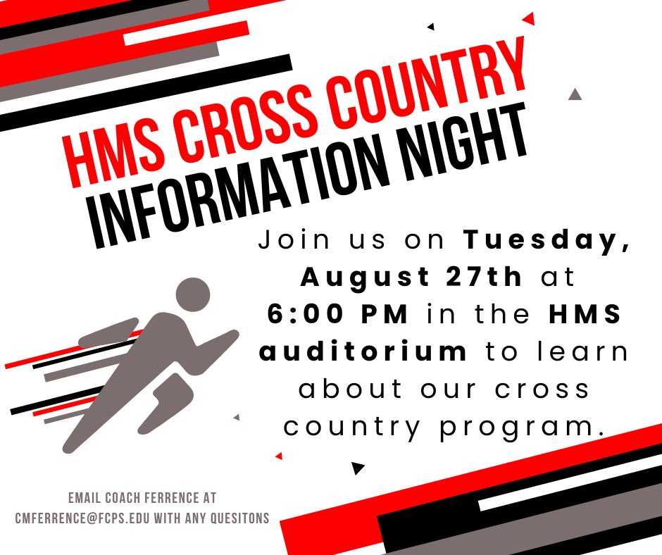 Mrs. Ferrence (@mrsferrence) on Twitter photo 📢<a href="/HerndonMiddle/">Herndon MS</a> there is a cross country interest meeting on Tuesday, 8/27 at 6pm in the auditorium. We will be giving specific information about the season and families can meet the coaches.
See you there! 👟 📢<a href="/HerndonMiddle/">Herndon MS</a> there is a cross country interest meeting on Tuesday, 8/27 at 6pm in the auditorium. We will be giving specific information about the season and families can meet the coaches.
See you there! 👟