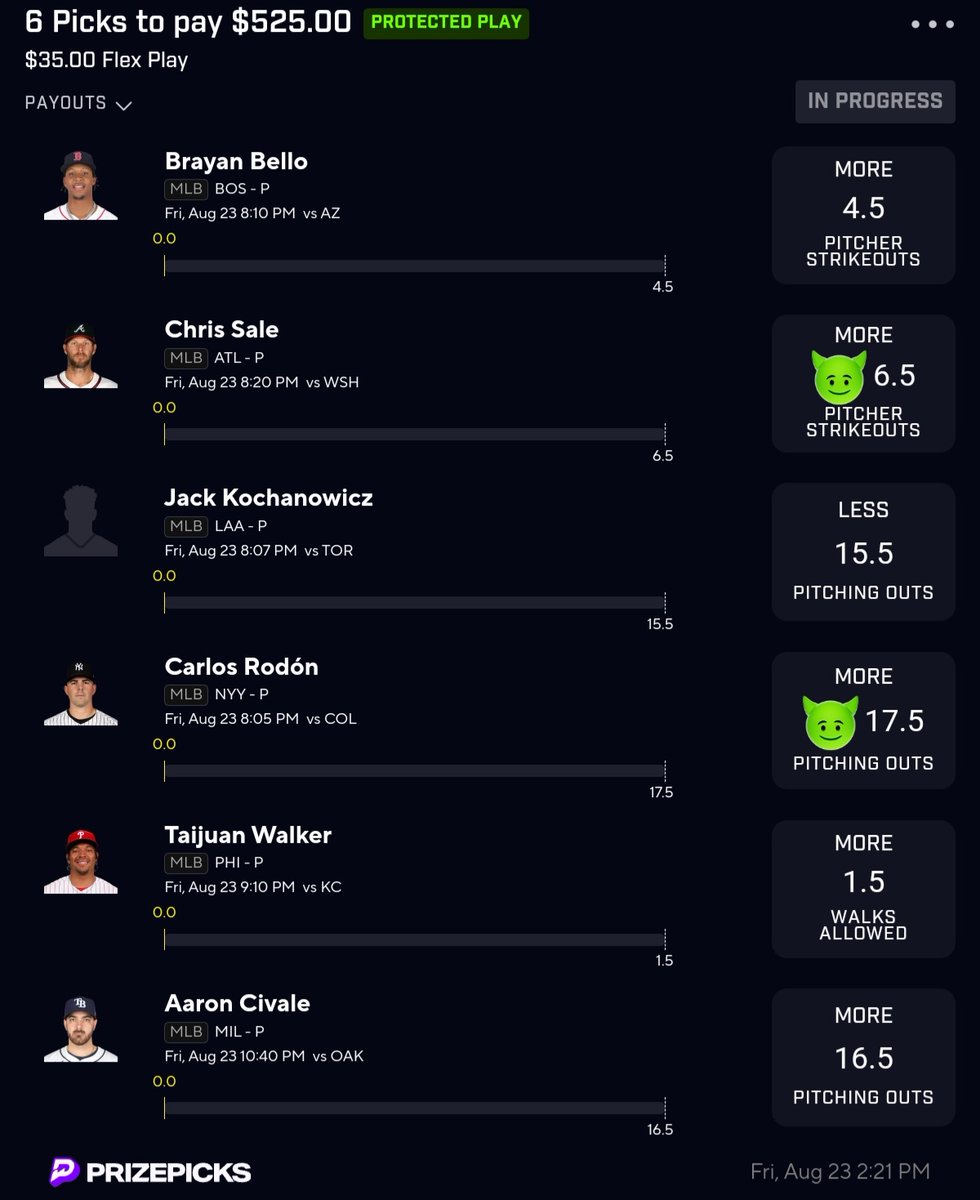 Matt48314719's tweet photo. #PrizePicks #MLB #PropBets #ProtectedPlay #GamblingX #SportsBettingX #GamblingCommunity
Bello More 4.5 SO
Sale More 6.5 SO ๐
Kochanowicz Less 15.5 O
Rodon More 17.5 O ๐
Walker More 1.5 Walks
Civale More 16.5 O https://t.co/QJuAWiWCsG