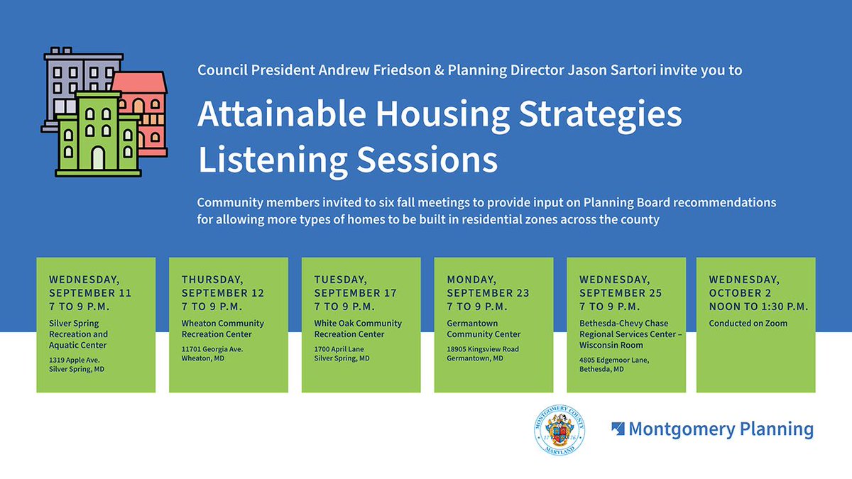 montgomeryplans's tweet photo. Sept. 11 is the first community listening session w/ County Council Pres. Andrew Friedson and our Director Jason K. Sartori on the Attainable Housing Strategies initiative.

Attend a session: https://t.co/NWugI0C8uQ
Attainable Housing Strategies website: https://t.co/ruvAAGoi6E https://t.co/CGRGeaT32a