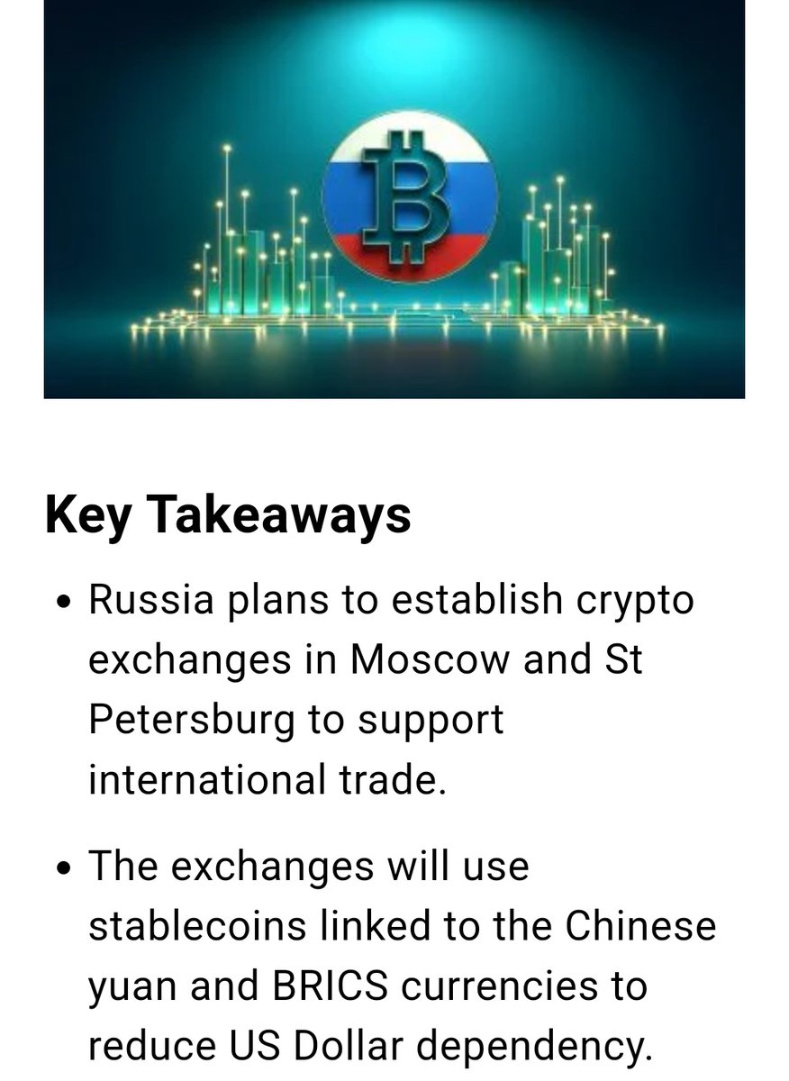 Rohitku24694375's tweet photo. 💥RUSSIA to LAUNCH TWO CRYPTO EXCHANGES and STABLE COIN Linked ➡️to YUAN and BRICS CURRENCY🔥🔥🔥🔥 💥
article 👇👇👇
https://t.co/PNaYAHZ8dp https://t.co/VK3covFJCL