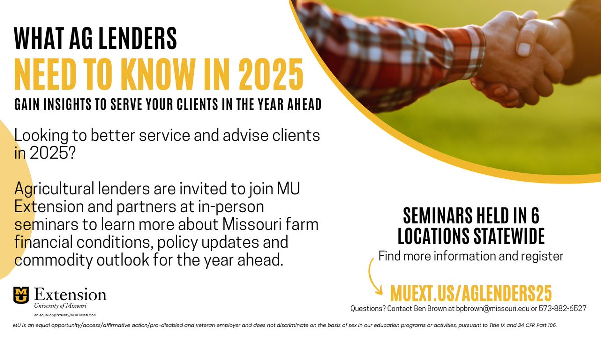 FAPRI-MU (@fapri_mu) on Twitter photo Ag lenders ready to make an impact in 2025 should plan to attend the can’t-miss seminar series, ‘What Ag Lenders Need to Know in 2025’, led by <a href="/MUExtension/">MU Extension</a>. Attendees can snag updated enterprise budgets and other resources for decision-making. Register at muext.us/aglenders25 Ag lenders ready to make an impact in 2025 should plan to attend the can’t-miss seminar series, ‘What Ag Lenders Need to Know in 2025’, led by <a href="/MUExtension/">MU Extension</a>. Attendees can snag updated enterprise budgets and other resources for decision-making. Register at muext.us/aglenders25