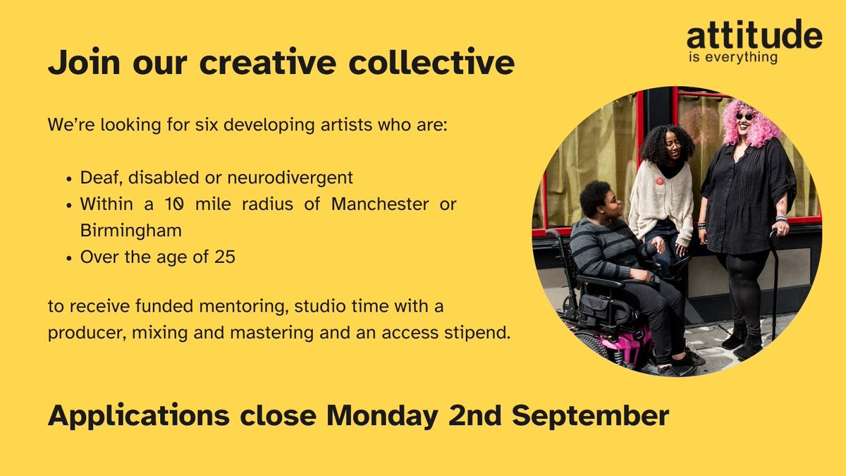 We're looking for six developing artists who are: Deaf, disabled or neurodivergent, within a 10 mile radius of Manchester or Birmingham and over the age of 25 to receive funded mentoring, studio time with a producer, mixing and mastering and an access stipend.