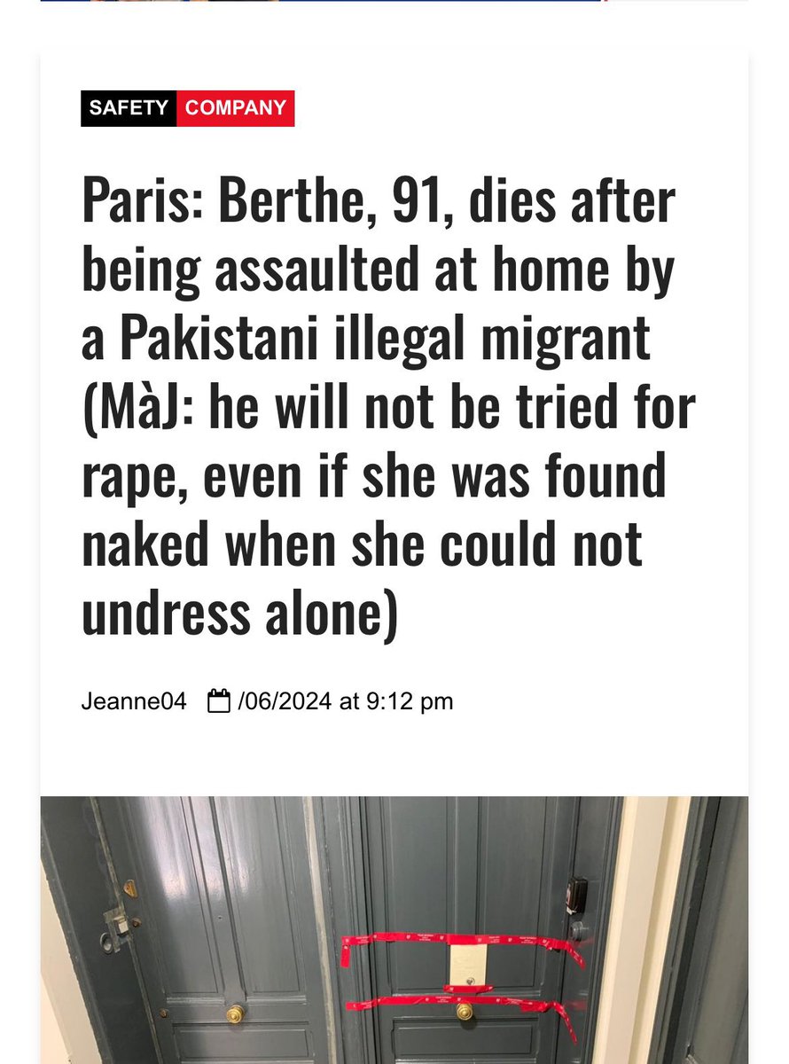 realMaalouf's tweet photo. A 91-year-old French great-grandmother was tortured, raped and murdered by a Pakistani immigrant in his 20s.

He will not be tried for rape, even though she was found naked when she could not undress by herself.

Outrageous! https://t.co/cKQAoWICv5