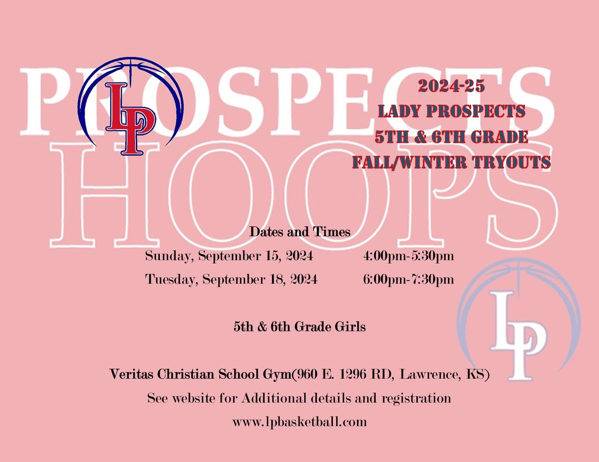 UPDATED DATES &amp; TIMES
 
🚨 5th &amp; 6th Grade Girls Fall/Winter Tryouts 🚨

📅 Sunday, Sep 15, 2024

⏰ 4pm-5:30pm

 OR

📅 Wednesday, Sept 18, 2024

⏰ 6pm-7:30pm

📍 Lawrence, KS(Veritas Christian School Gym)
 
💻 Register at lpbasketball.com

Come join #TheLPSisterhood🔴🔵