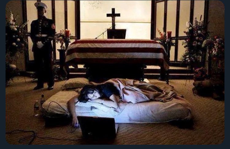 @Morbidful The night before the burial of her husband 2nd Lt. James Cathey of the United States Marine Corps, killed in Iraq, Katherine Cathey refused to leave the casket, asking to sleep next to his body for the last time. The Marines made a bed for her, tucking in the sheets below the