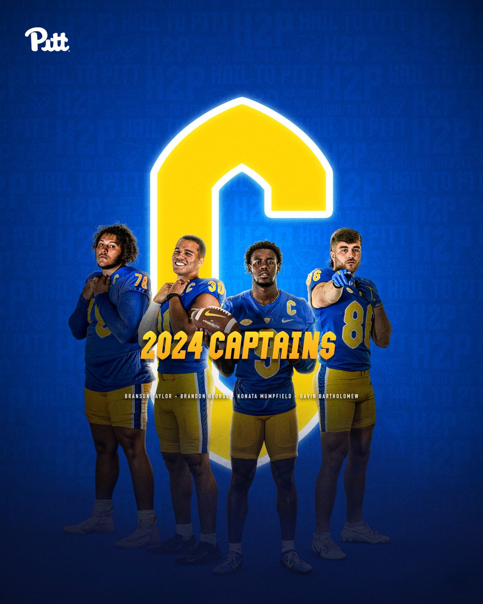 Meet your 2024 Pitt Football Captains!! Voted by their teammates - these players have EARNED the right to lead our team this season!! #ProveIt #WeNotMe #H2P <a href="/btay1k/">Branson Taylor</a> <a href="/B_George06/">Brandon George</a> <a href="/konata_b/">Konata B Mumpfield</a> <a href="/GavinBartholom6/">Gavin Bartholomew</a>