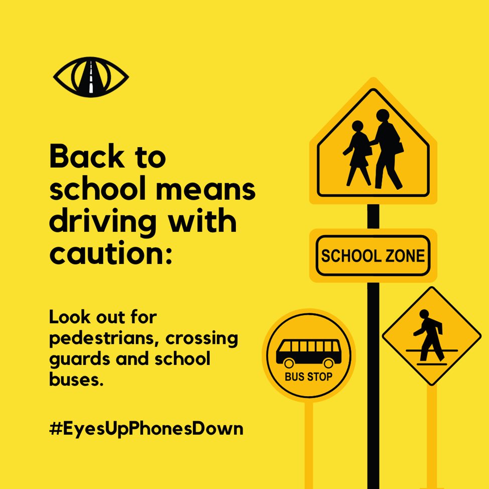 MassRMV's tweet photo. During this time of the #100DeadliestDays, many kids are heading back to school. Use caution when driving and keep your #EyesUpPhonesDown to keep all students safe during their commutes. https://t.co/OD70iRewSy