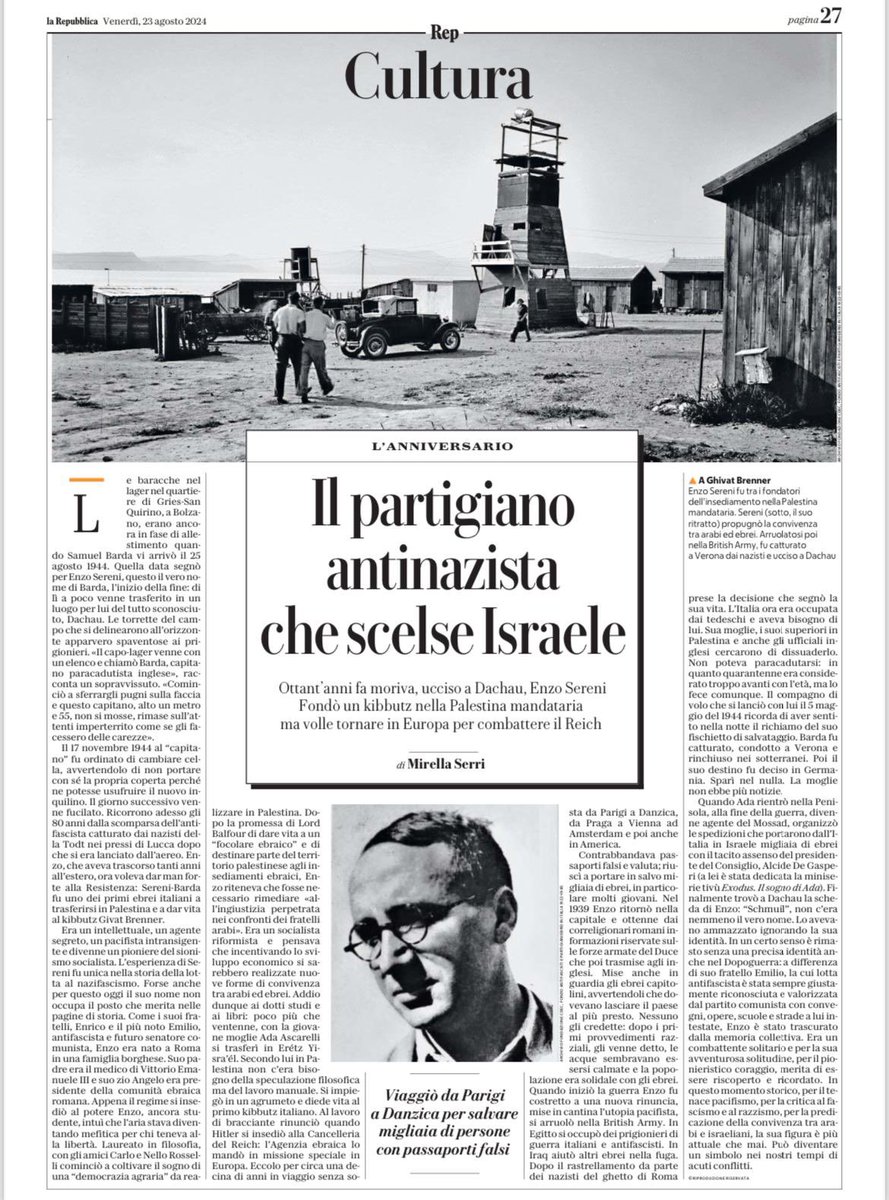 Enzo Sereni, sionista socialista, partigiano antifascista. Contribuì a fondare un kibbutz, a salvare gli ebrei perseguitati, a liberare l’Europa. Per questo lasciò Eretz Yisrael e si paracadutò in Europa.
Fu ucciso a Dachau oggi, ottant’anni fa.
Il suo ricordo sia di benedizione.