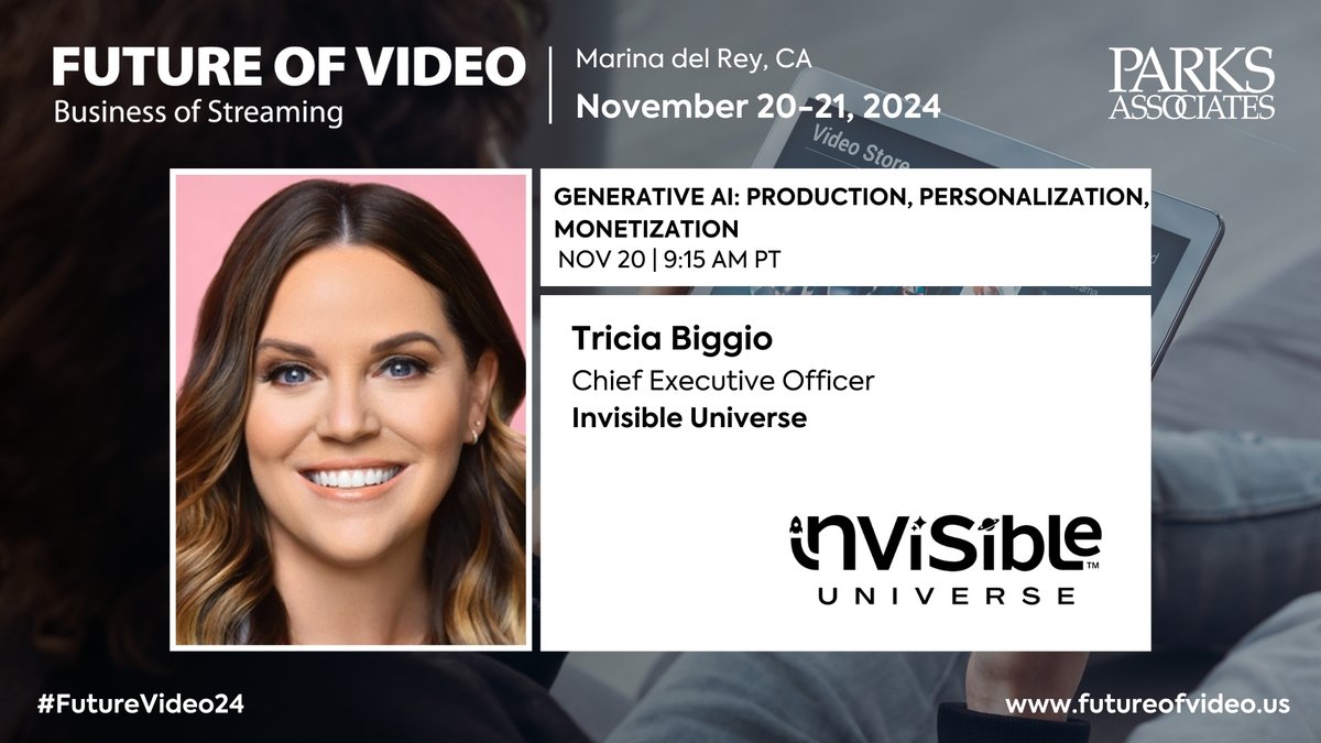 Future of Video Conference (@video_future) on Twitter photo 🎤 <a href="/tbiggio/">Tricia Biggio</a>, Chief Executive Officer, <a href="/InvisibleUniv/">Invisible Universe</a> is speaking during # FutureVideo24 in Marina del Rey, CA!
🐤 Don’t miss out on Early Bird registration! Use code FOV-EARLY here: parksassociates.com/event/future-o…
#FutureVideo24 #OTT #Streaming #StreamingVideo 🎤 <a href="/tbiggio/">Tricia Biggio</a>, Chief Executive Officer, <a href="/InvisibleUniv/">Invisible Universe</a> is speaking during # FutureVideo24 in Marina del Rey, CA!
🐤 Don’t miss out on Early Bird registration! Use code FOV-EARLY here: parksassociates.com/event/future-o…
#FutureVideo24 #OTT #Streaming #StreamingVideo