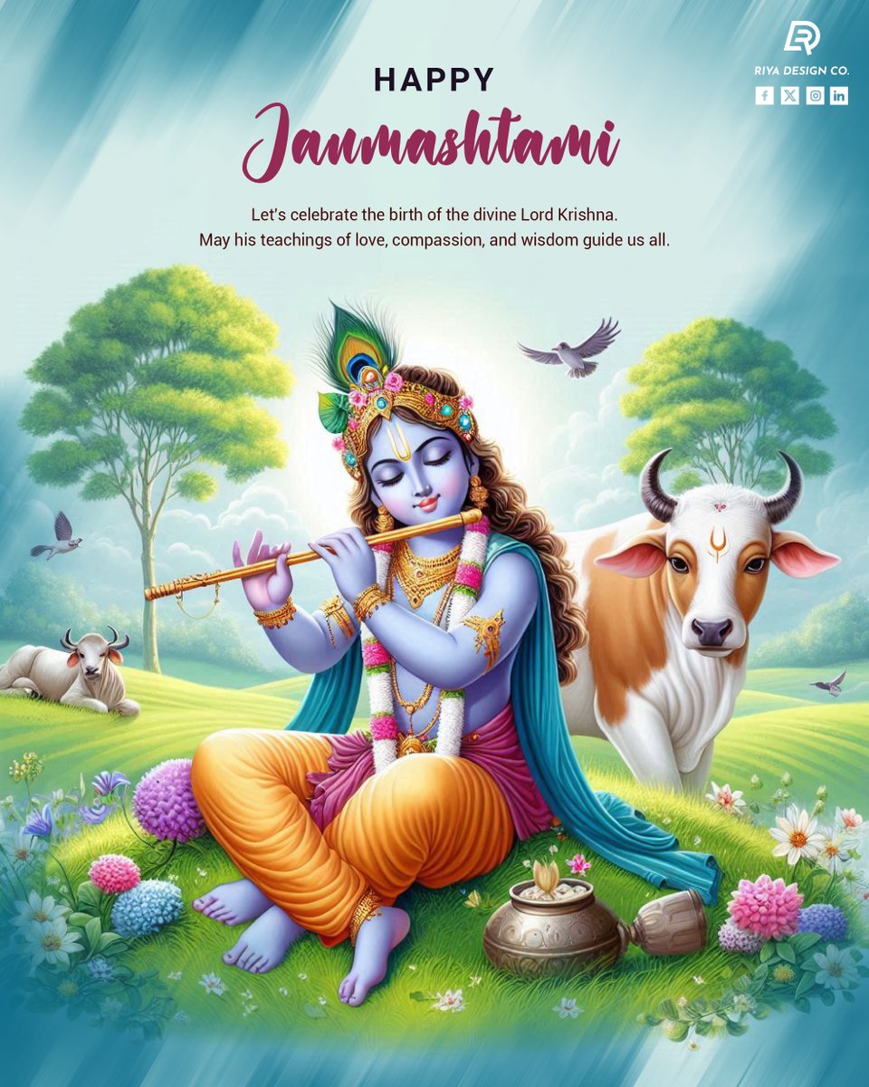Infinit1design's tweet photo. Jai Shri Krishna! May the blessings of the divine flute player be with you always. ✨❤️

#Janmashtami #Krishna #LordKrishna #Devotion #Peace #Love #RiyaDesignCo #Photoshop #GraphicDesign #FestiveVibes #Tradition #IndianFestival https://t.co/GX0I5KFmJ1