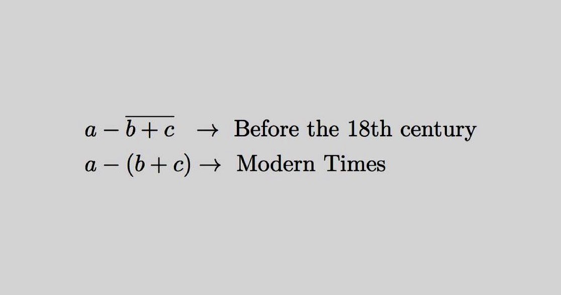 antonillos's tweet image. Before the 18th century, it was common to use vincula (straight lines drawn above the operations) to indicate the order of operations instead of parentheses. ❤️ #MathHistory #Mathematics #HistoryOfMath #OrderOfOperations #Vinculum #MathFacts
