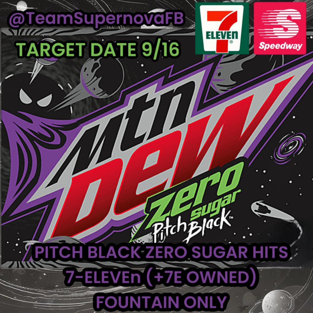 TeamSupernovaFB's tweet photo. Pitch Black returns 9/16.

Only on fountain machines.

Only at 7-Eleven and Speedway. 

And ONLY in Zero Sugar. 

A lot of people aren't going to be happy about this, I imagine. It will be the first time Pitch Black Zero Sugar will be available on fountain though.

Thoughts? https://t.co/uZeGpn2YaR