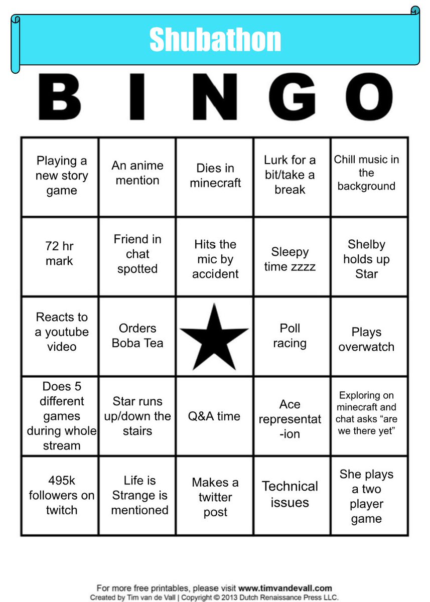 ShubbleMods's tweet photo. Hey everyone! In hype of the shubathon Emmy has made some bingo cards for chat to do while the stream is happening. This is all for fun and good laughs! If you have any questions don't hesitate to whisper/msg Emmy! 

Happy bingo-ing ❤️ 🎉 https://t.co/wRiHdkZirn