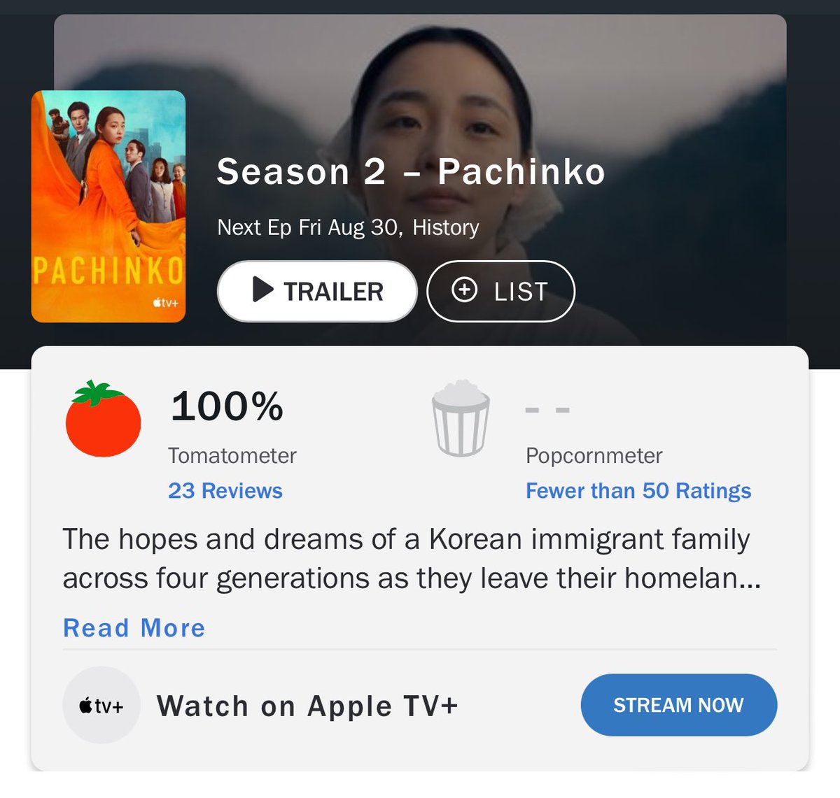 FilmUpdates's tweet photo. ‘PACHINKO’ Season 2 debuts with a perfect score of 100% on Rotten Tomatoes. https://t.co/cl7Vl1gHNf