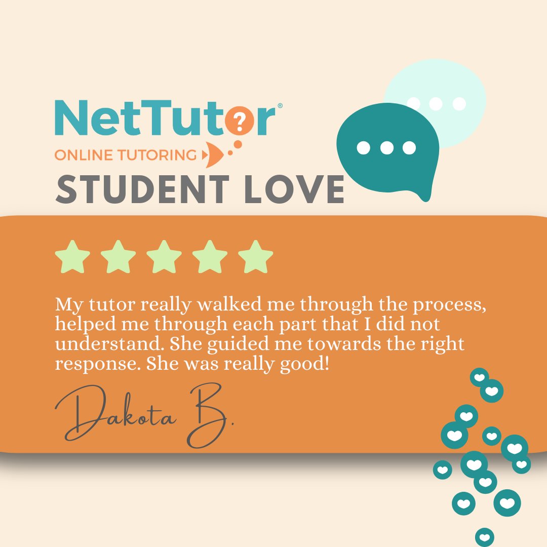 nettutor's tweet image. Have you tried working 1:1 with one of us yet? We can help you any day, any time, and in any subject! Give it a try. We&apos;d love to help you out whenever you feel stuck with your homework.

#OnlineTutoring #Tutor #WritingTutor #MathTutor #STEMTutor #NetTutor