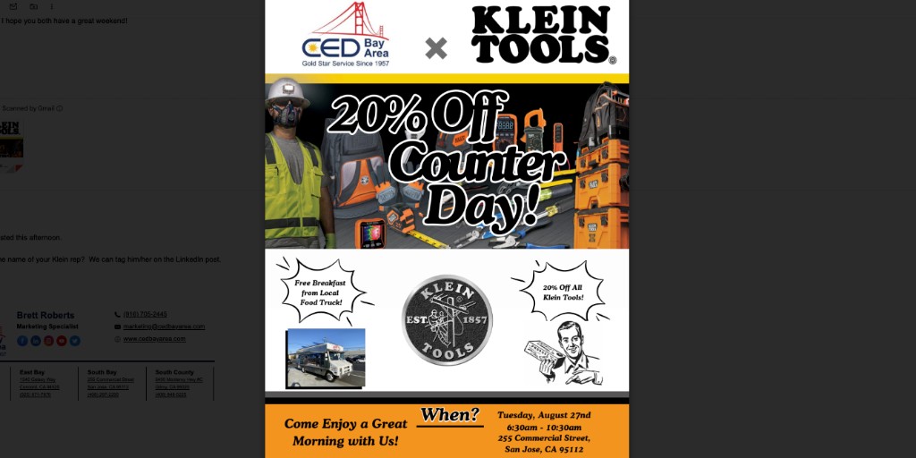 CEDBayArea's tweet photo. Join us for our Klein Tools Counter Day at San Jose this Tuesday, August 27th!

#kleintools #cedbayarea #sanjose https://t.co/lLLckttIal