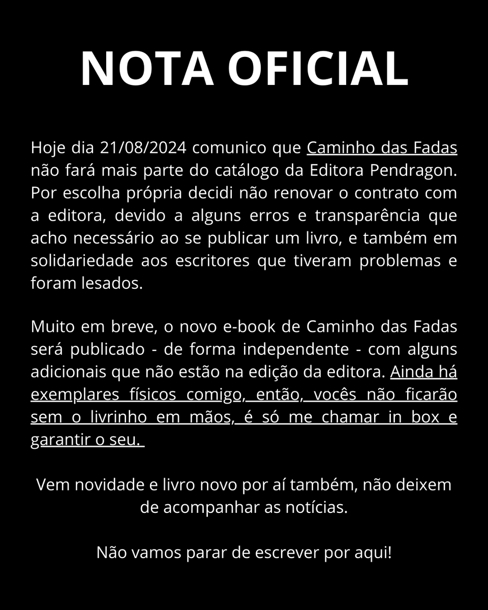 BrunnaCaneschi's tweet photo. Oi pessoal! Vim trazer essa notícia para vocês porque acredito na transparência e honestidade sempre, e esse não será o fim da saga. Caminho das Fadas ainda está disponível para compra comigo ou pelos canais da Shopee e Mercado Livre, em breve retornaremos com o ebook assim que.. https://t.co/Ajwf0I2e8M