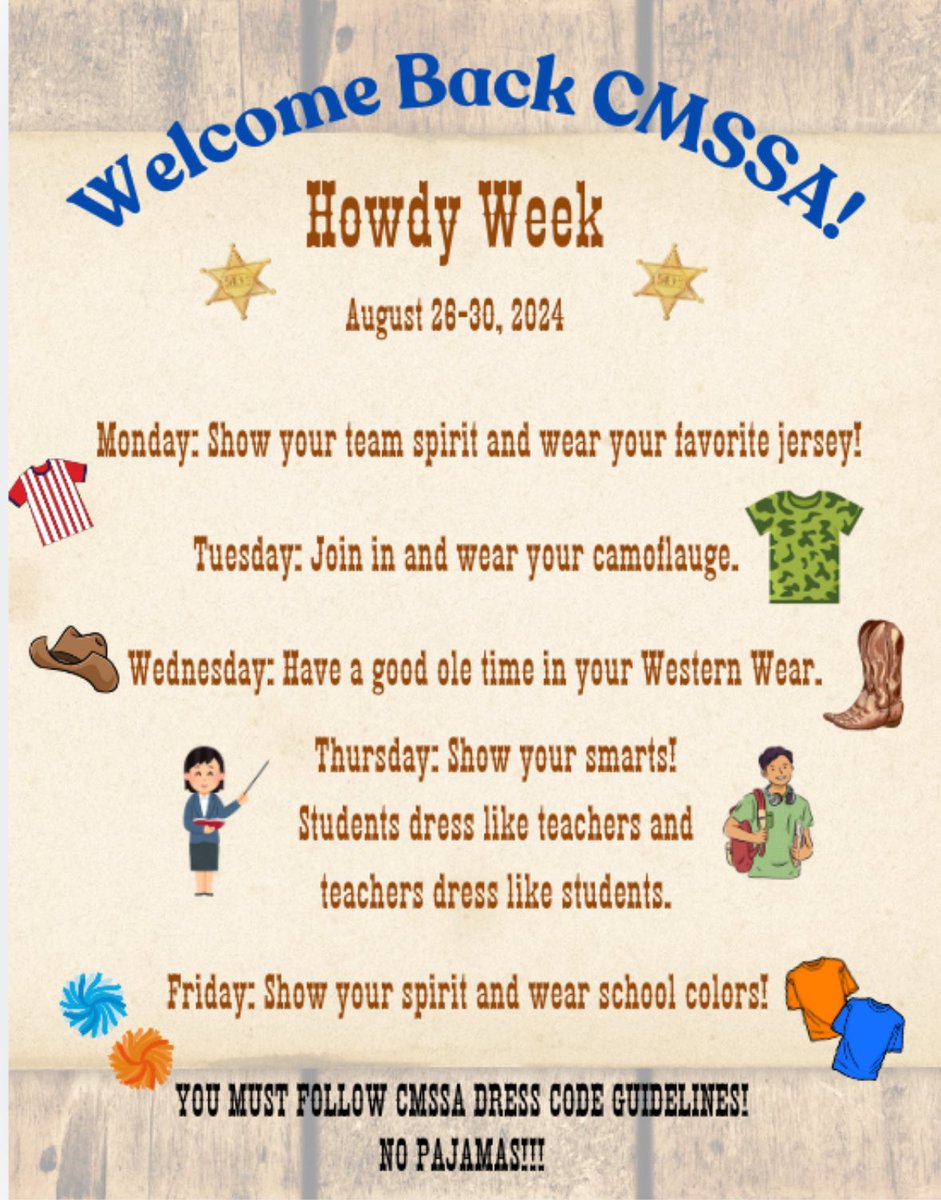 Welcome Back CMSSA Students. We have our first Dress-Up week on Aug 26th to welcome you back for the new school year.

Show your spirit for dress-up day. Can’t wait to see you all on Monday.