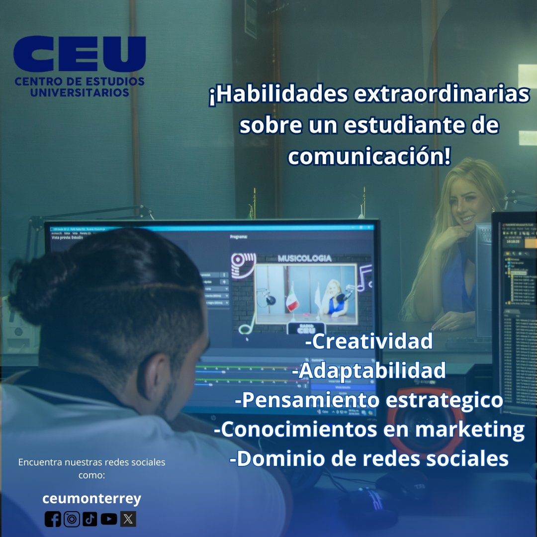 Un Licenciado en Ciencias de la Comunicación desarrolla habilidades en Tecnología, Pensamiento analítico y habilidades sociales.

No lo pienses mas y llega al éxito estudiando en el CEU

#ceu #universidad