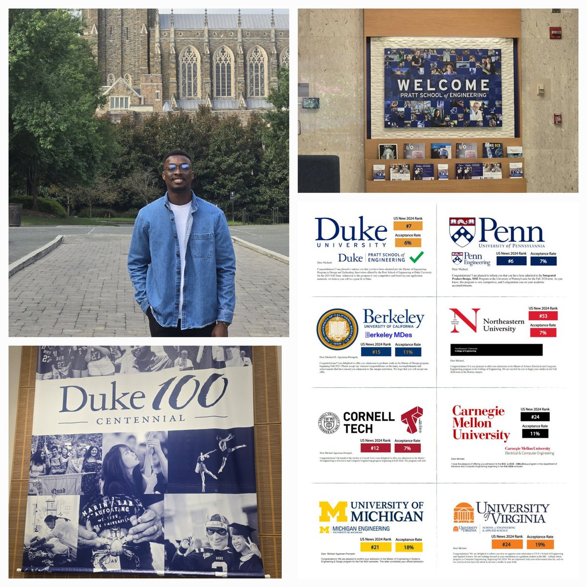 🎓 Thrilled to announce I've accepted an offer for MEng in Design, Technology &amp; Innovation at <a href="/DukeU/">Duke University</a>! 

🙏🏾 Grateful to God &amp; <a href="/DukeEngineering/">Duke Engineering</a> for this opportunity. Excited to explore how design, tech, innovation &amp; AI can shape our future.

#Duke #Faith&amp;Edu
#PrattSchOfEngineering