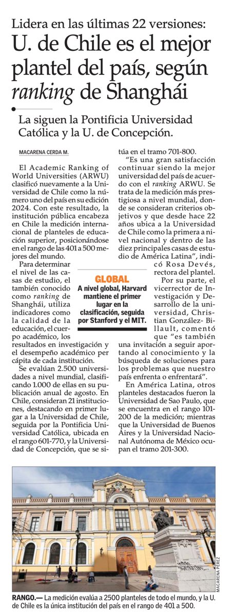 [UCHILE en la Prensa] <a href="/ElMercurio_cl/">elmercurio_cl</a> destaca que la U. de Chile es el mejor plantel del país, según ranking de Shanghái, medición basada en criterios objetivos, siendo la única del país entre las 401-500 mejores Ues del orbe, y liderando a nivel nacional por 22° año consecutivo.