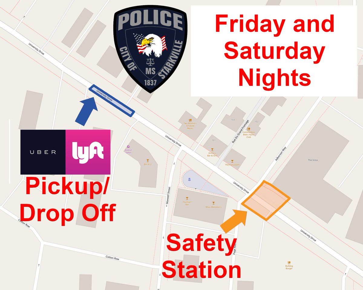Starkville_PD's tweet image. ‼️Updated‼️

Cotton District Safety Station and Rideshare Pickup/Drop Off

SPD operates a safety station and rideshare pickup/drop off in the Cotton District.  The areas will be in operation this fall on Friday and Saturday nights from 10:00 p.m. until the area has cleared.